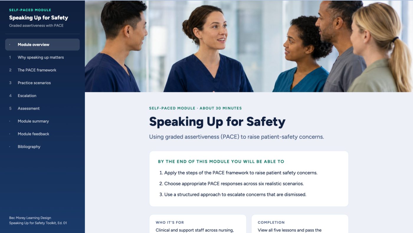 Screenshot of the Speaking Up for Safety self-paced eLearning module