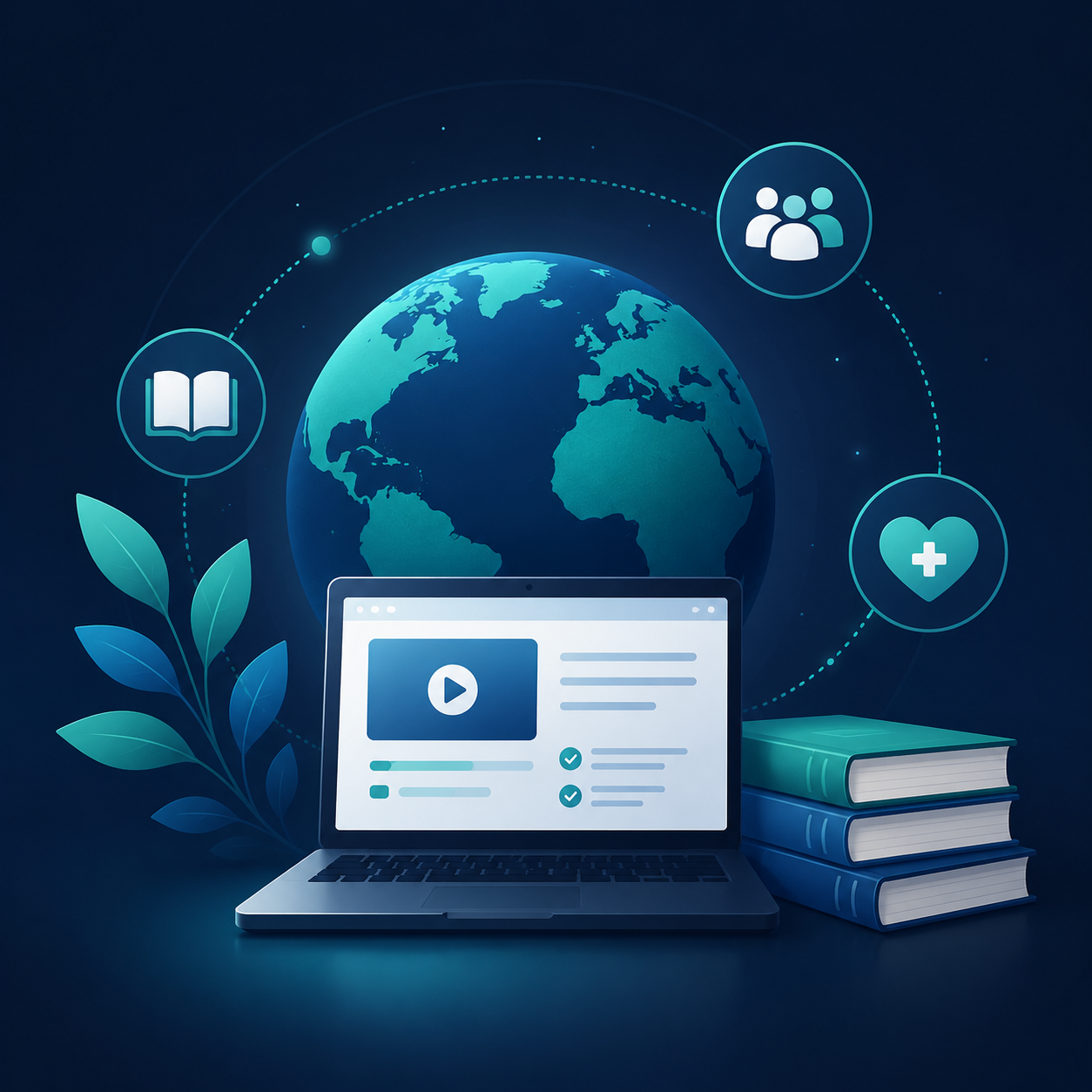 A laptop showing an e-learning course in front of a globe ringed with health and education icons, flanked by textbooks and green shoots, purpose-driven health education worldwide