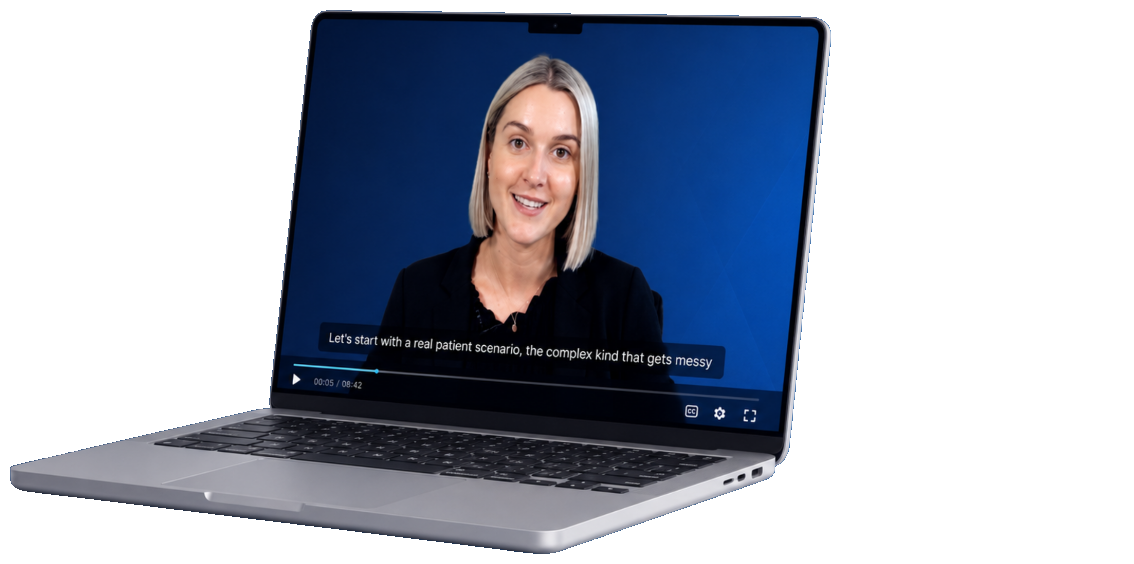 An eLearning module playing on a laptop, with Bec presenting a clinical scenario
