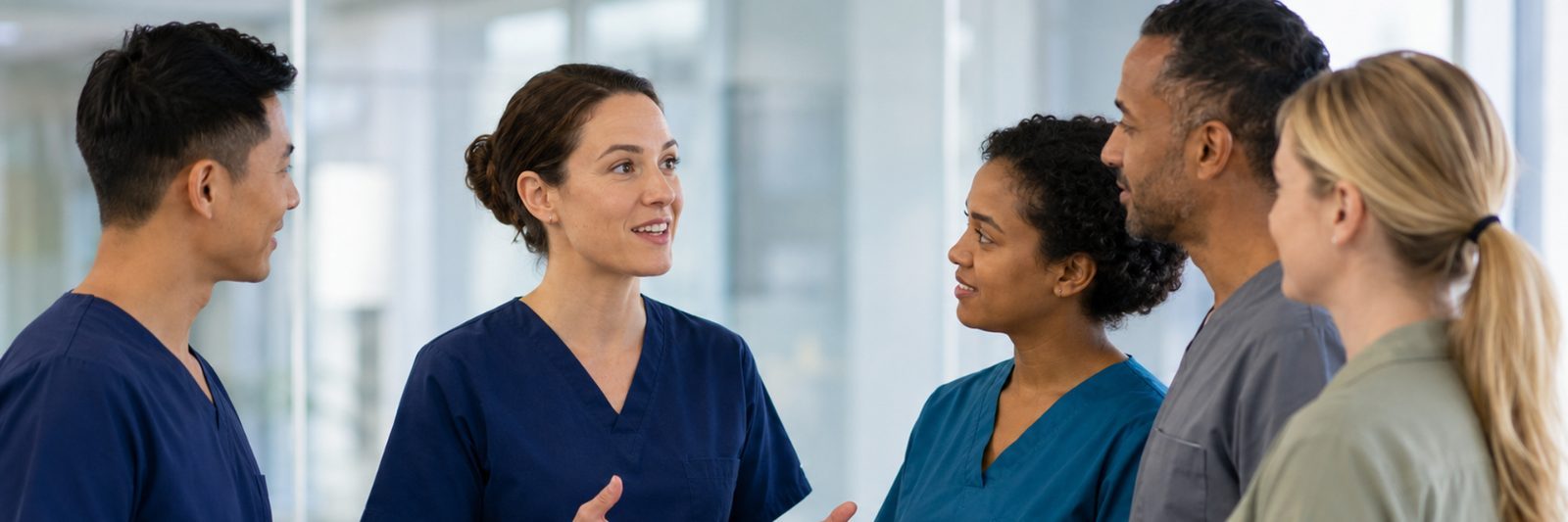 A group of clinicians in scrubs talking together in a hospital corridor