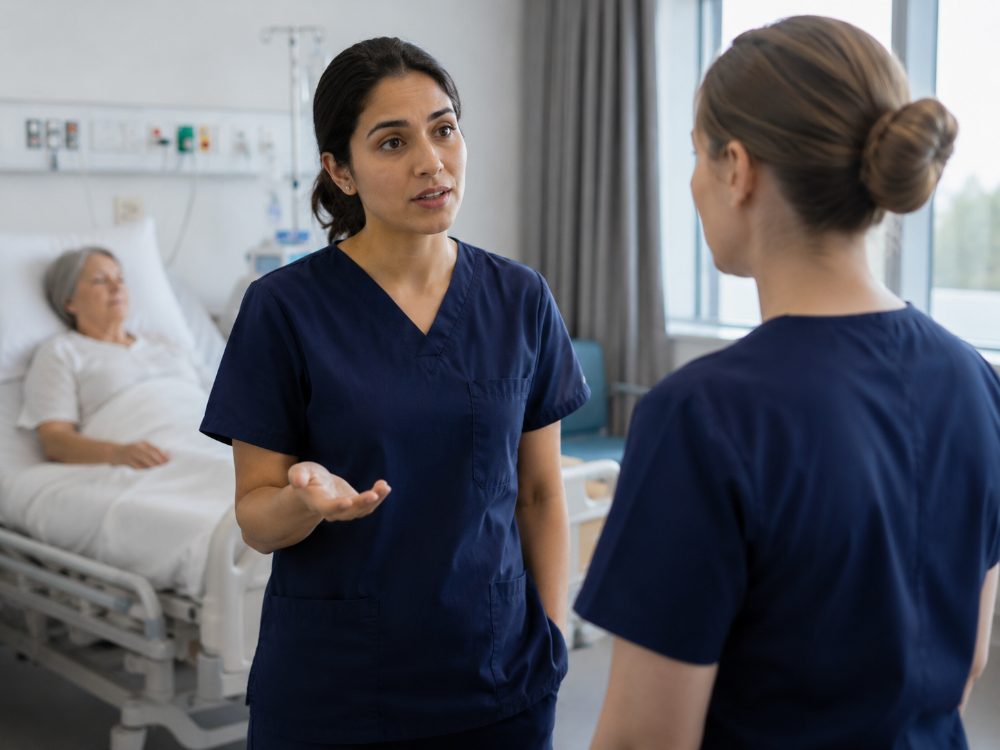A nurse raising a concern with a colleague at a patient's bedside