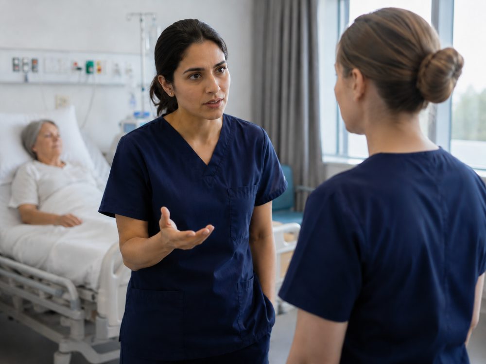 The nurse states her concern more directly to her colleague