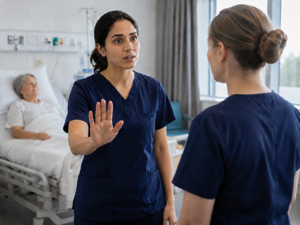 The nurse raises her hand to firmly challenge and insist on being heard