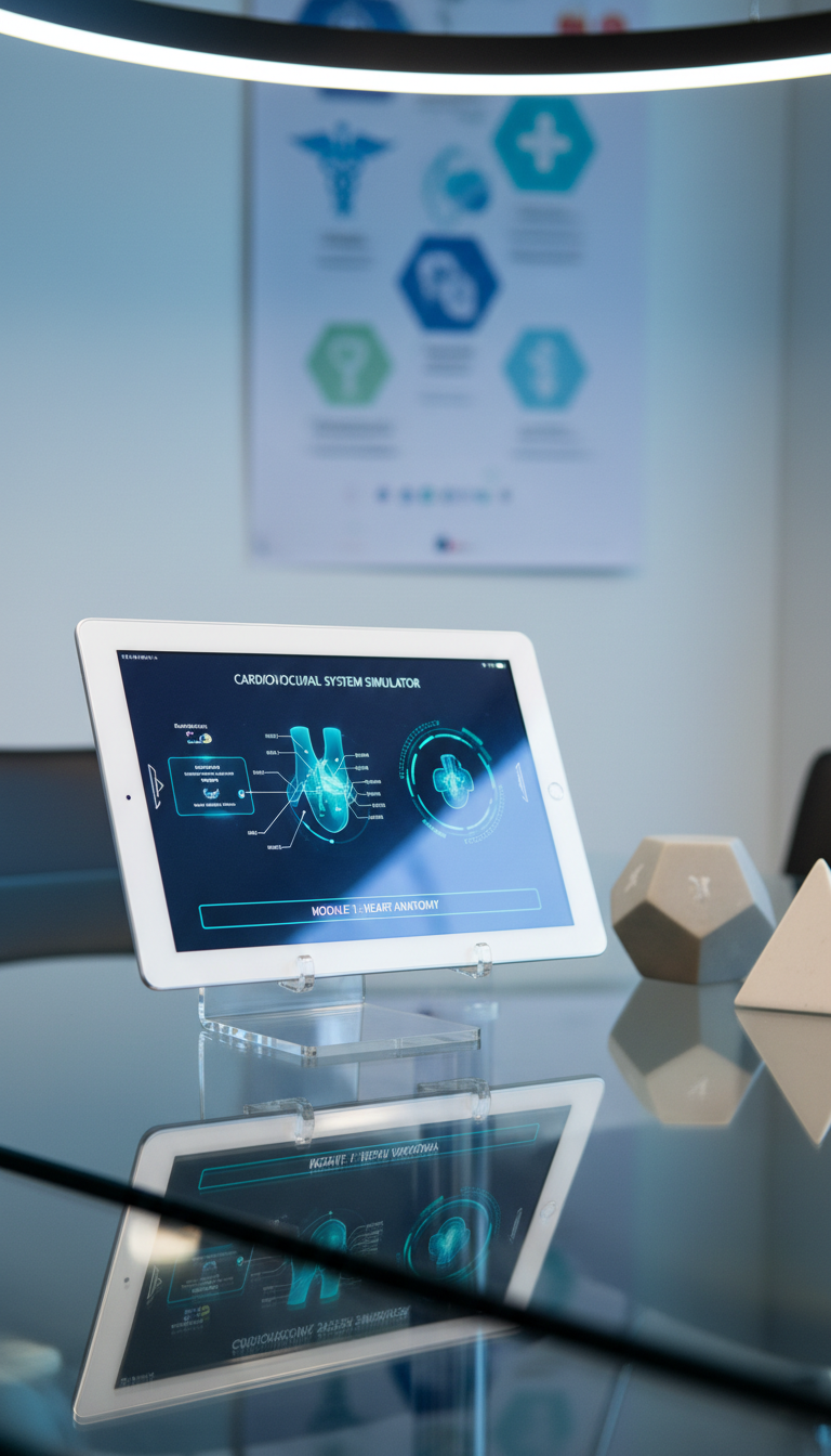 A polished white tablet displaying a vibrant, interactive medical training module, placed centrally on a pristine acrylic stand atop a translucent glass meeting table. The backdrop features a softly blurred healthcare-themed poster and a couple of geometric desk accessories in muted tones. Directional, cool-toned lighting from above creates subtle reflections on the tablet's screen, enhancing its clarity and sharpness, while casting elegant, diffused shadows across the surface. The composition is slightly off-center and uses a shallow depth of field to draw attention to the digital content, evoking a sense of modern professionalism and innovation. The visual mood is clean, high-tech, and sophisticated.