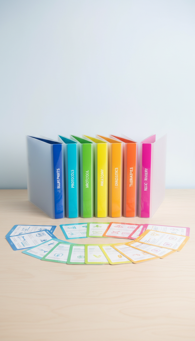 A set of meticulously organized, color-coded training modules with sleek, tabbed dividers and vibrant infographic cards arranged in an arc atop a light birch surface. The scene is framed by clinically clean white walls with a hint of pastel blue, echoing a healthcare setting. Bright, even studio lighting accentuates the textures of the glossy module covers and soft-touch card edges, casting minimal shadows. The atmosphere is fresh, orderly, and inviting, suggesting clarity and expertise. Captured from a slightly elevated perspective with a centered, rule-of-thirds composition, emphasizing both organization and artistry in instructional design. The visual style is clean, crisp, and modern.